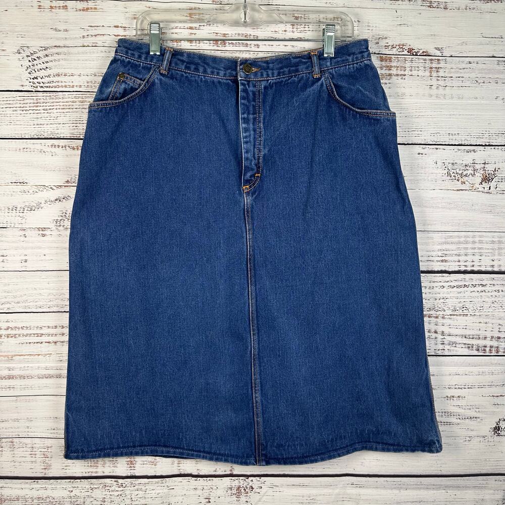 Womens VTG 80s Gitano Blue Denim Jean Skirt Midi Knee Lenghth Contrast Stitch 20